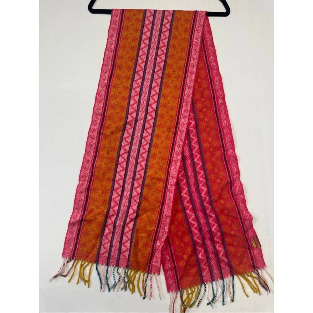 Kuna 100% Baby Alpaca Scarf Pink Orange Geometric Fringe Luxury Peru